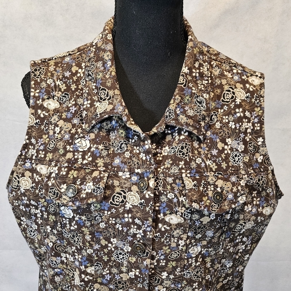Christopher & Banks Brown Blue Floral Button Up Vest 100% Cotton Size XL - Picture 2 of 8